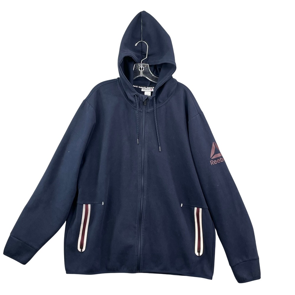Reebok Zip Up Hoodie Mens 2XL Navy Blue Activewear Sweatshirt Academia Travel